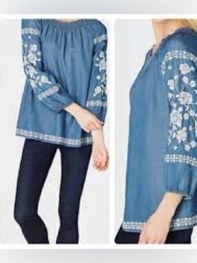 J. Jill Denim Embroidered Peasant Blouse Tencel Lyocell Blue Boho Top Size Small
